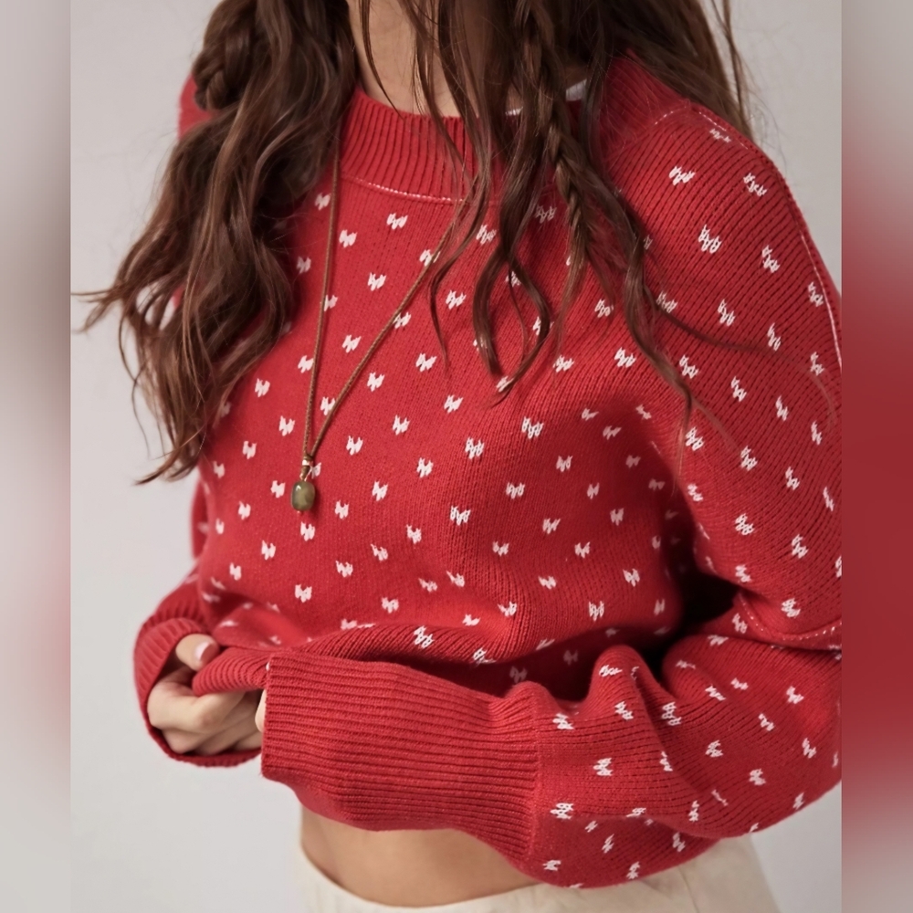 Free People Easy Street Cropped Red Sweater with White Accents- Oversized!!